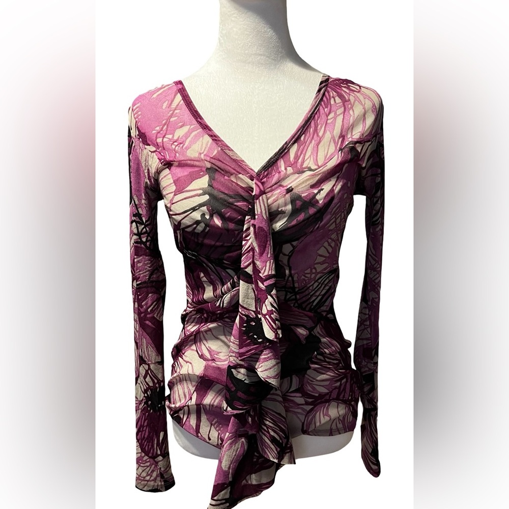 Karen Kane LS sheer pink/purple/black top size Large